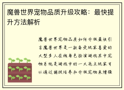 魔兽世界宠物品质升级攻略：最快提升方法解析